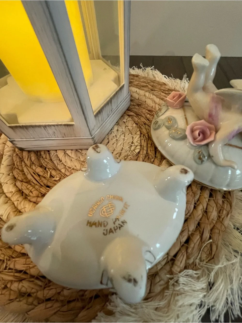 Porcelain Cherub Trinket Box with White and Pink Accents